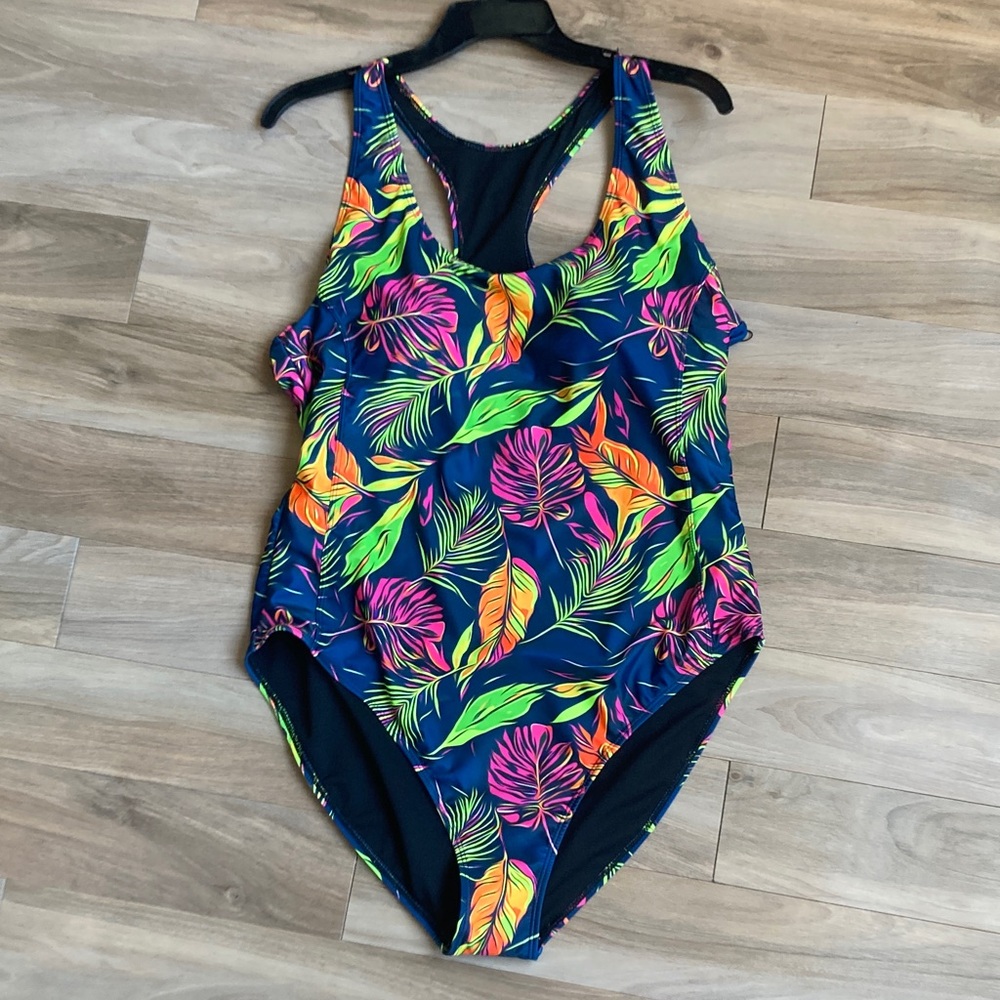 Nicole Miller one piece racerback swimsuit tropical floral and palm print 2X